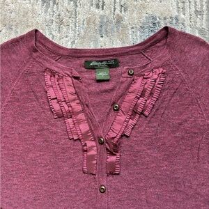 Eddie Bauer long sleeve lightweight cardigan sweater with ribbon detail plum SM